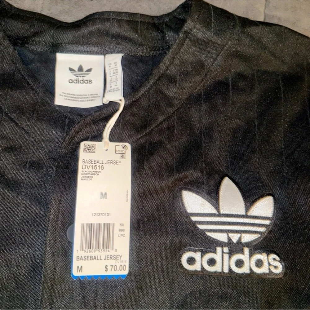 adidas Black Short Sleeve Button-Up Jersey with White Trefoil Logo - Picture 3 of 9